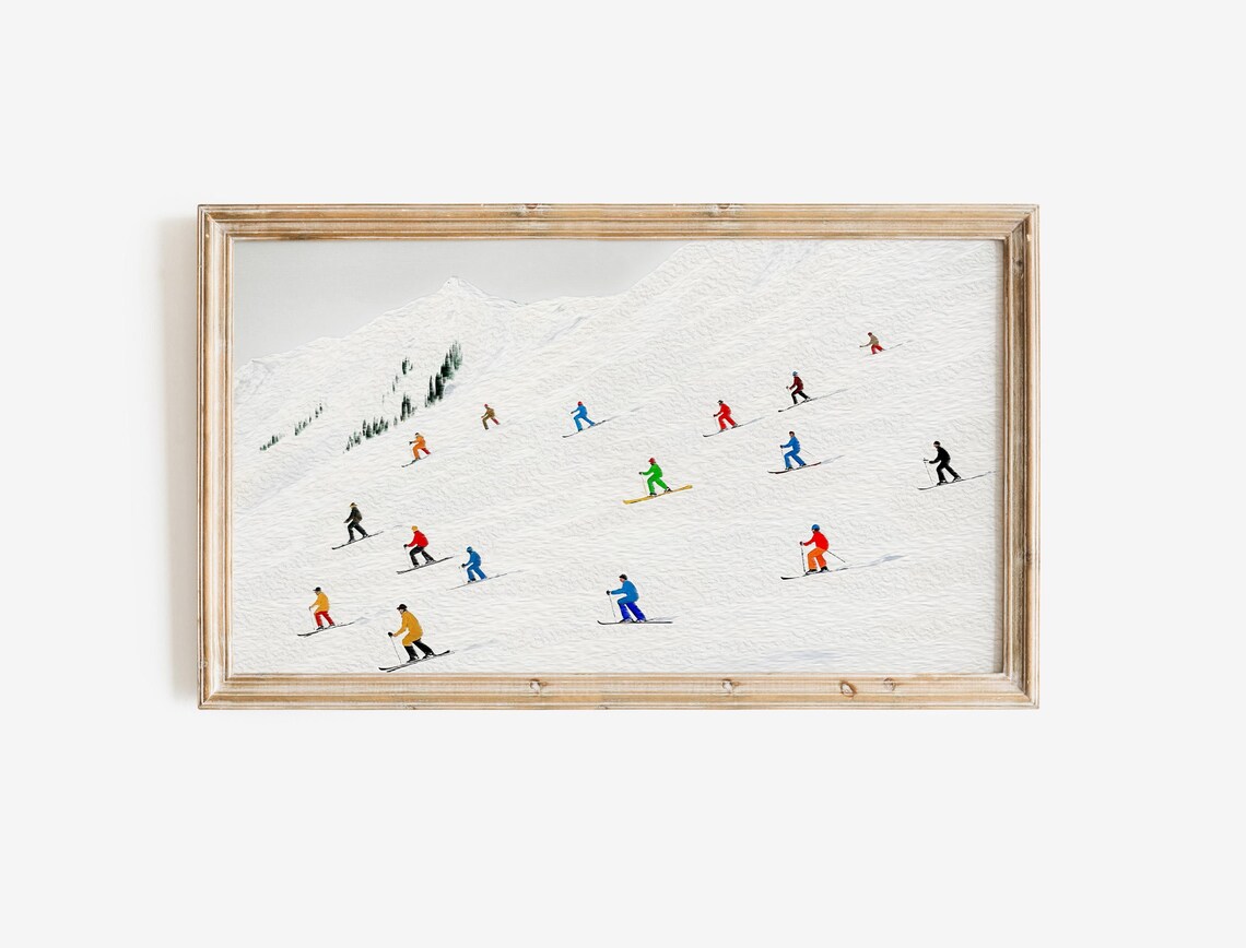 Colorful Skiers Snowy Mountain Slope Minimalist Winter Art Poster - Image 2