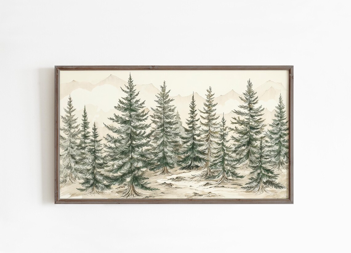 Watercolor Evergreen Pine Trees Snowy Mountains Neutral Winter Poster - Image 2