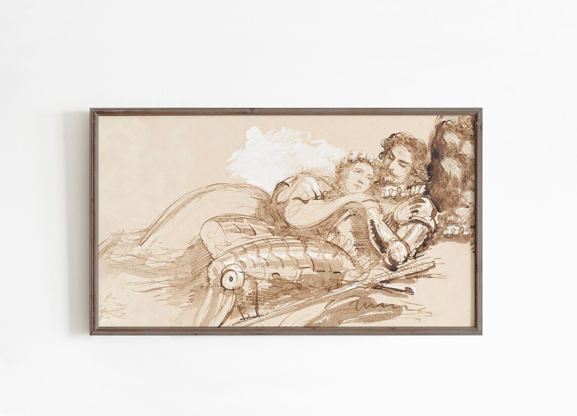 Sepia Ink Sketch Romantic Couple Antique Drawing Love Art Poster - Image 3