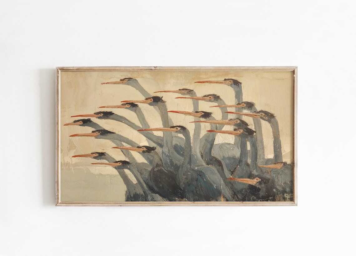 Vintage Modern Cranes Art Print, Neutral Coastal Birds