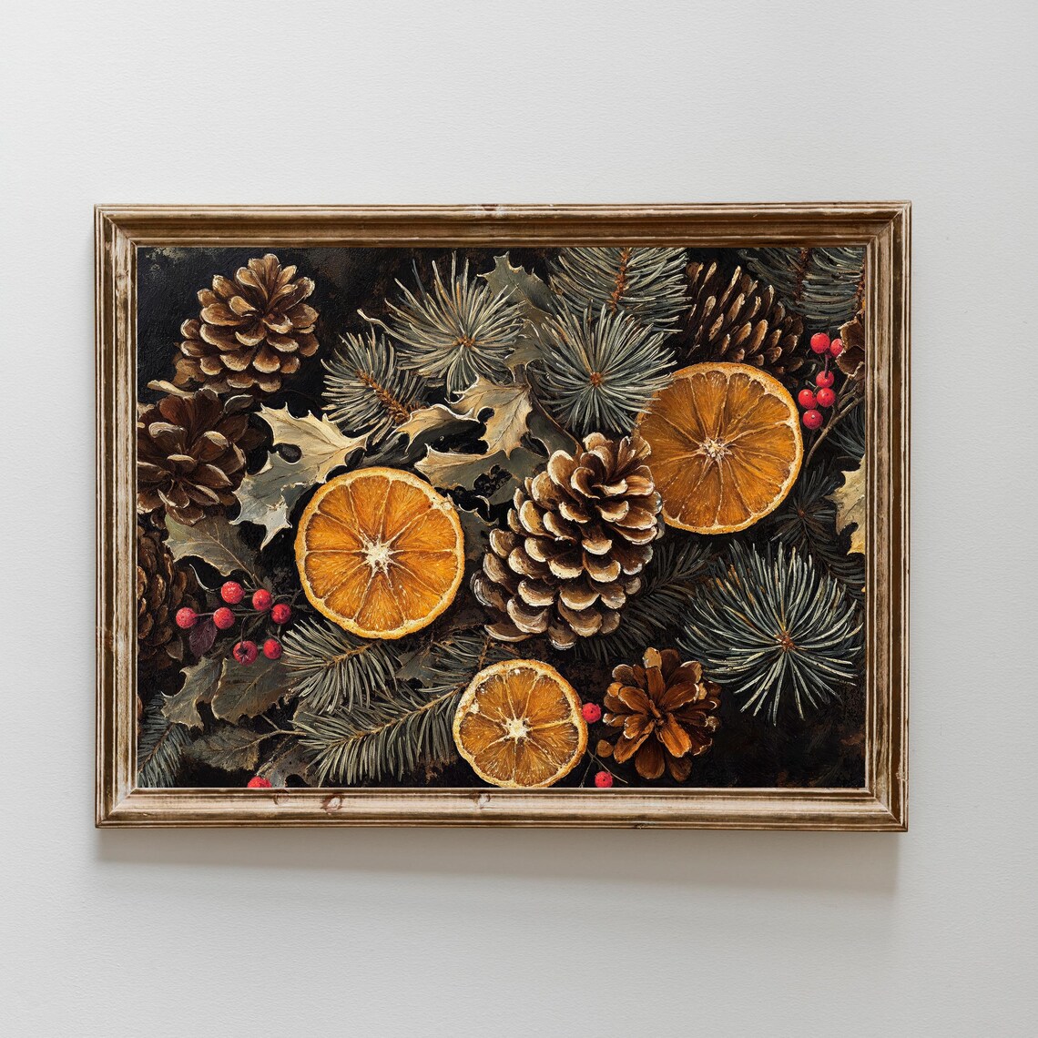 Vintage Dried Orange Pine Cone Botanical Dark Christmas Art Poster