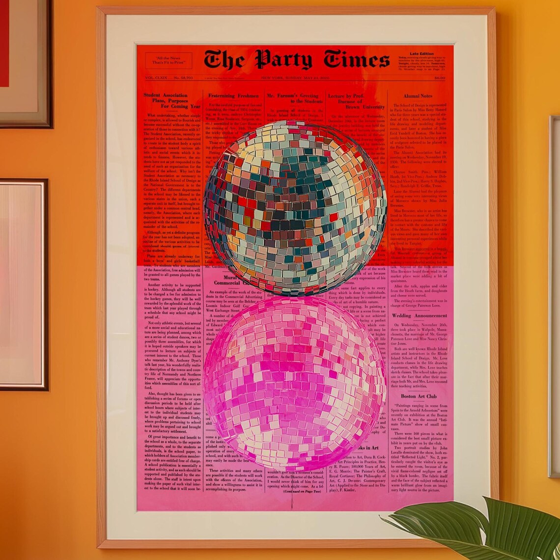 The Party Times Newspaper Disco Ball Retro Psychedelic Decor Poster