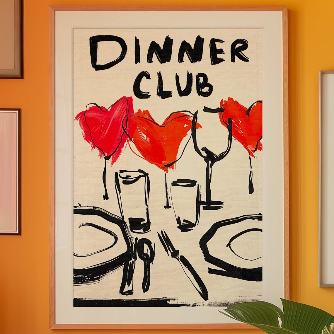 Dinner Club Red Hearts Hand Drawn Dining Room Table Wine Poster