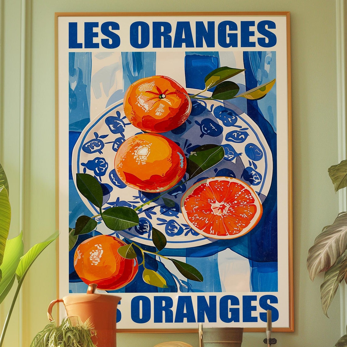 Les Oranges Citrus Plate Blue Pattern French Kitchen Art Print