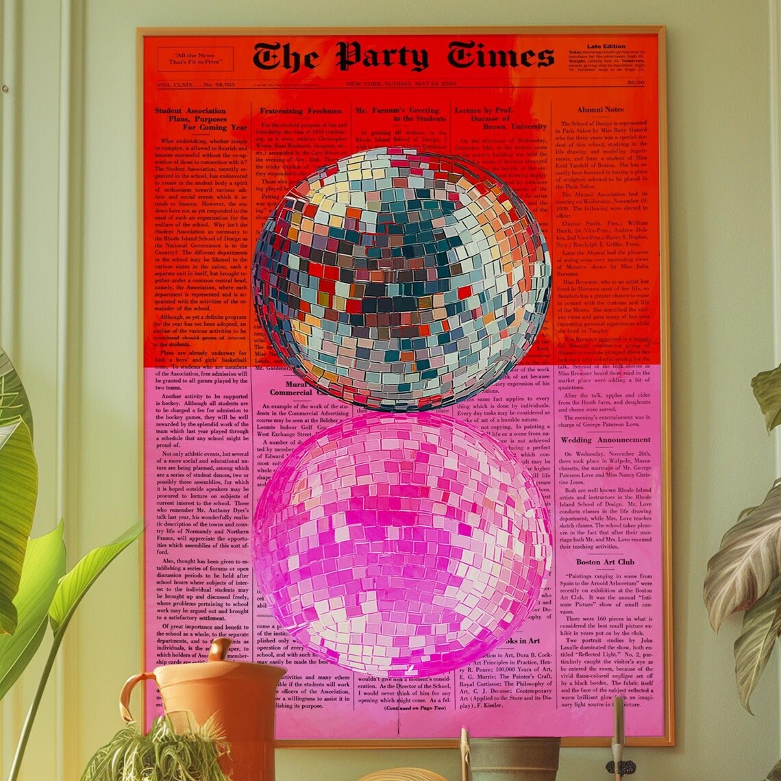 The Party Times Disco Ball Poster Retro 70s Glam Newspaper Wall Decor
