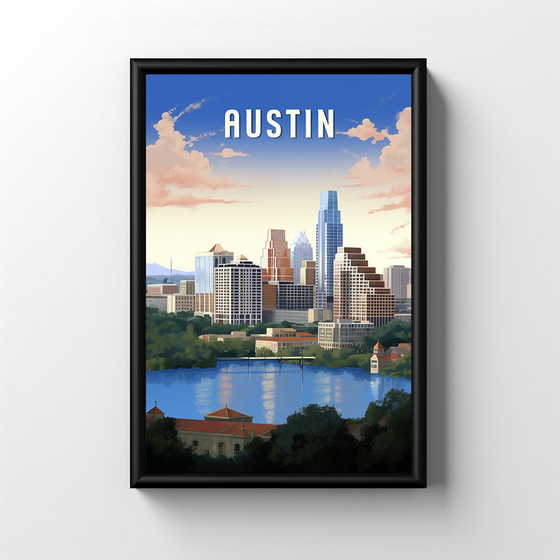 Austin Texas Downtown Lake View Sunset Scene Retro Travel Poster