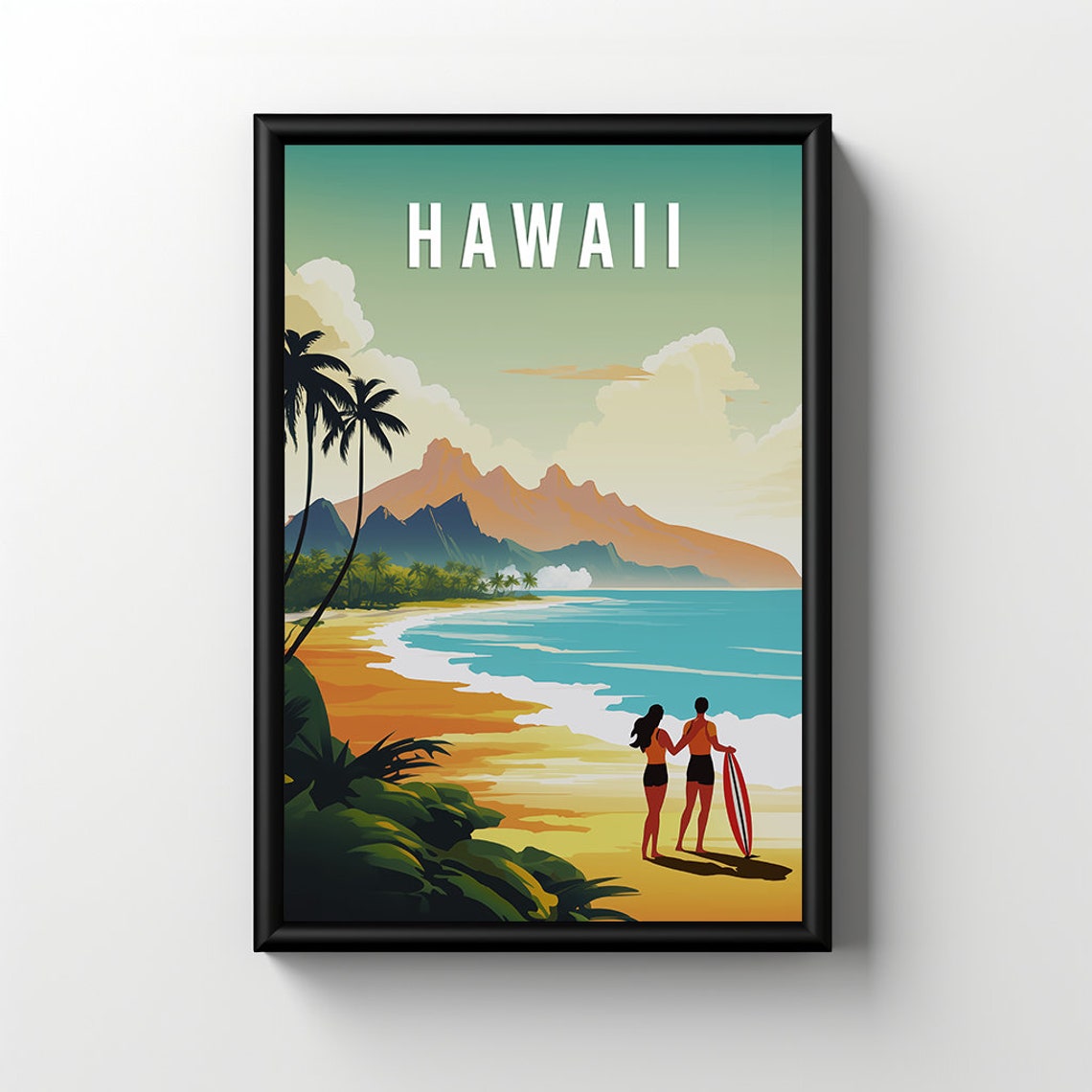 Hawaii Beach Surfers Golden Sand Palm Trees Retro Travel Poster