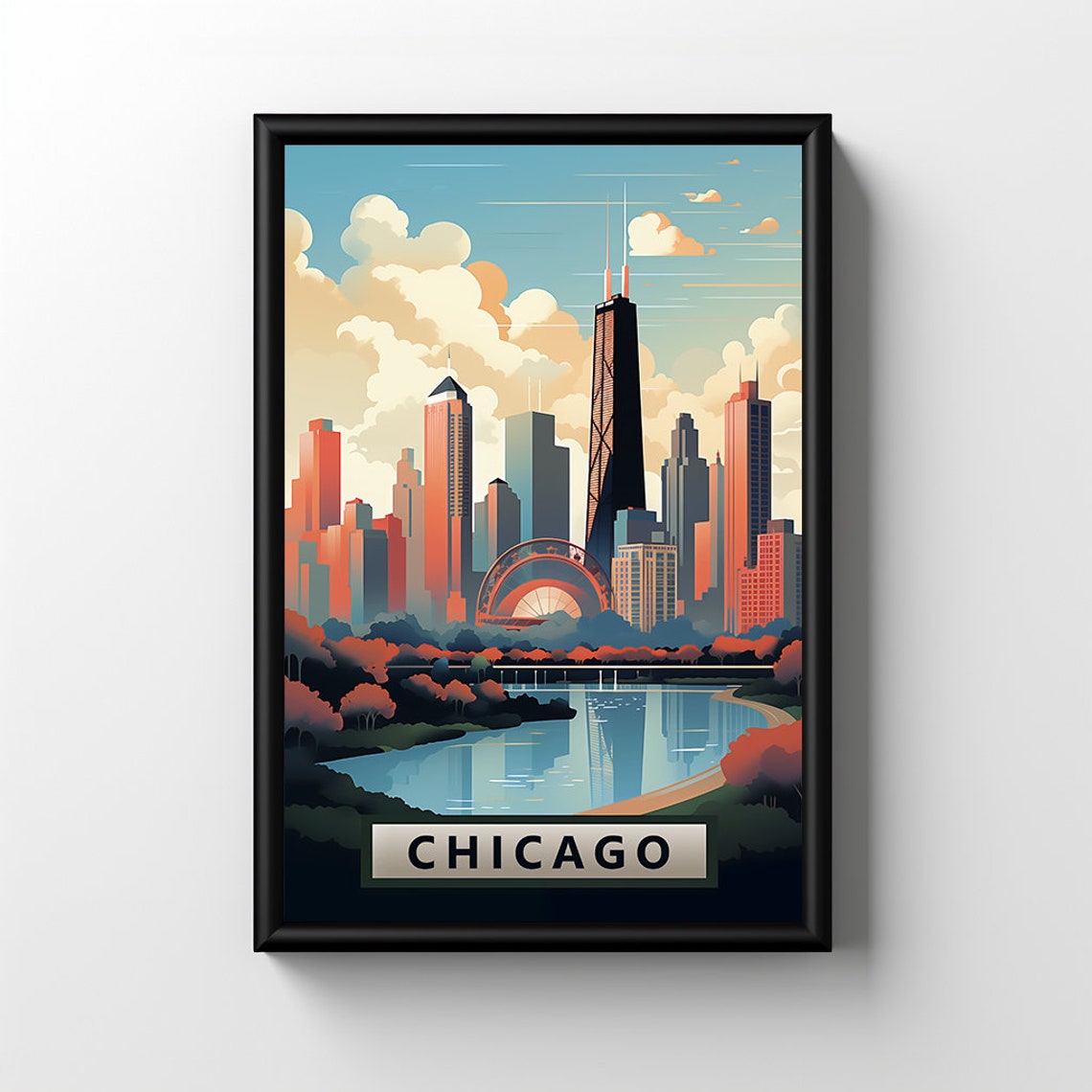 Chicago Illinois Downtown Skyline at Dusk River Retro Art Poster