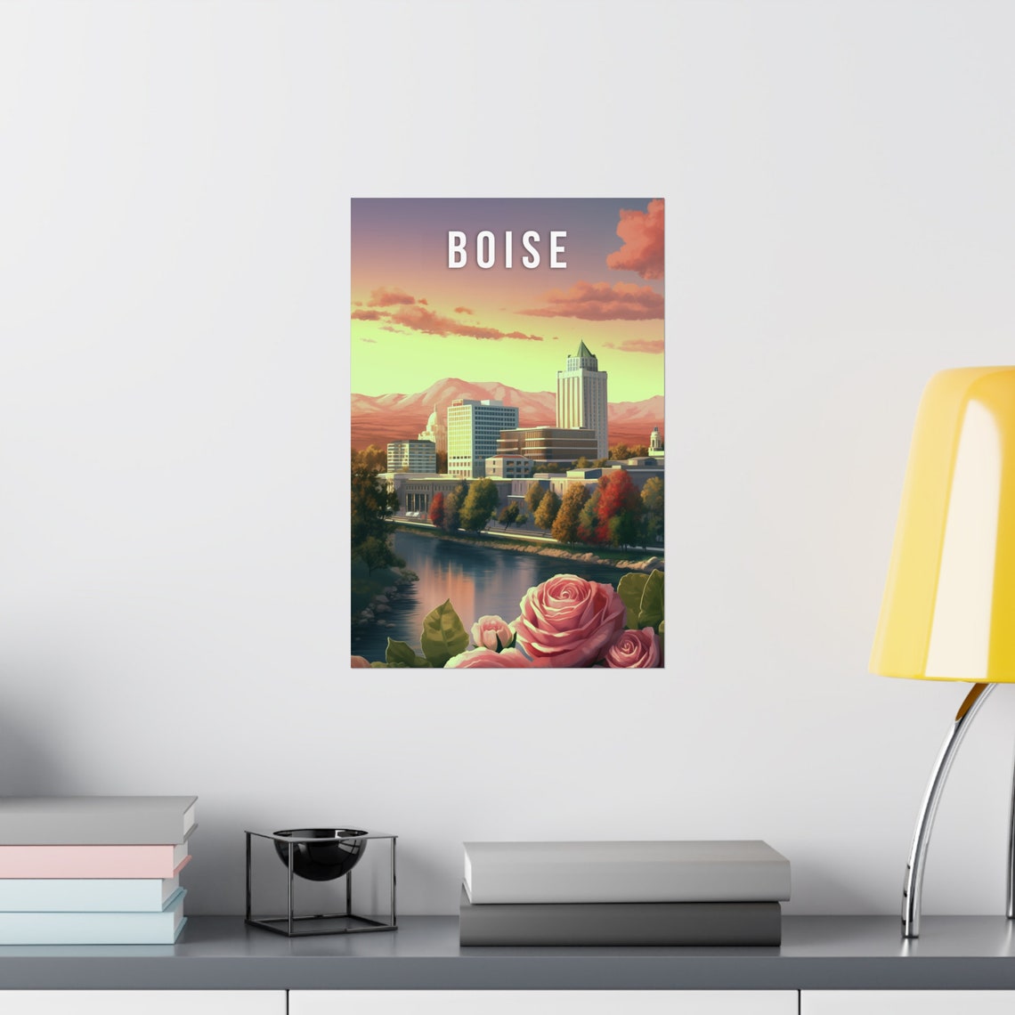 Boise Idaho Downtown Skyline Roses River Retro Travel Poster - Image 2