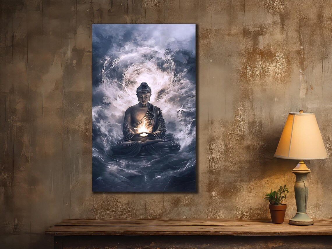 Buddha Meditating Storm Clouds Glowing Light Zen Spiritual Wall Art Poster - Image 2