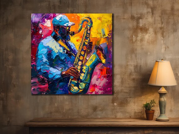 Jazz Saxophone Player Colorful Impasto Oil Musician Blues Wall Art Print Poster