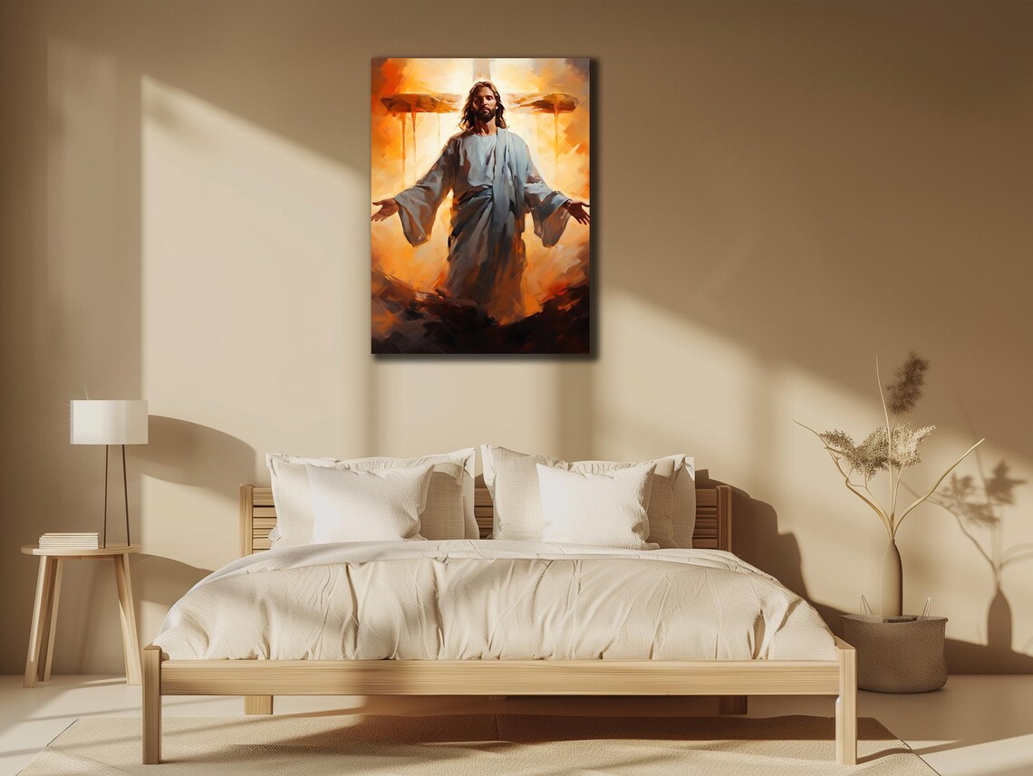Jesus Christ Open Arms Fiery Sunset Glow Christian Religious Wall Art Poster