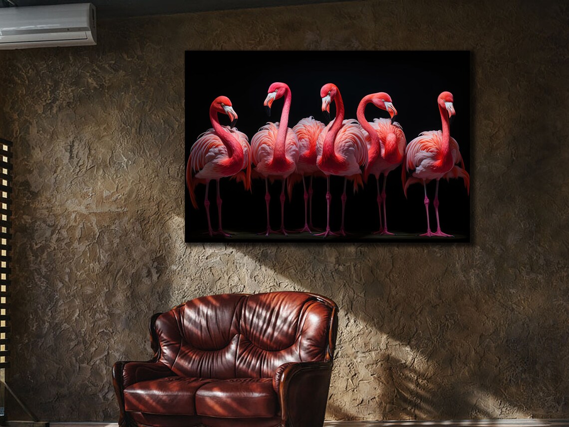 Pink Flamingos Row Elegant Black Background Tropical Birds Poster