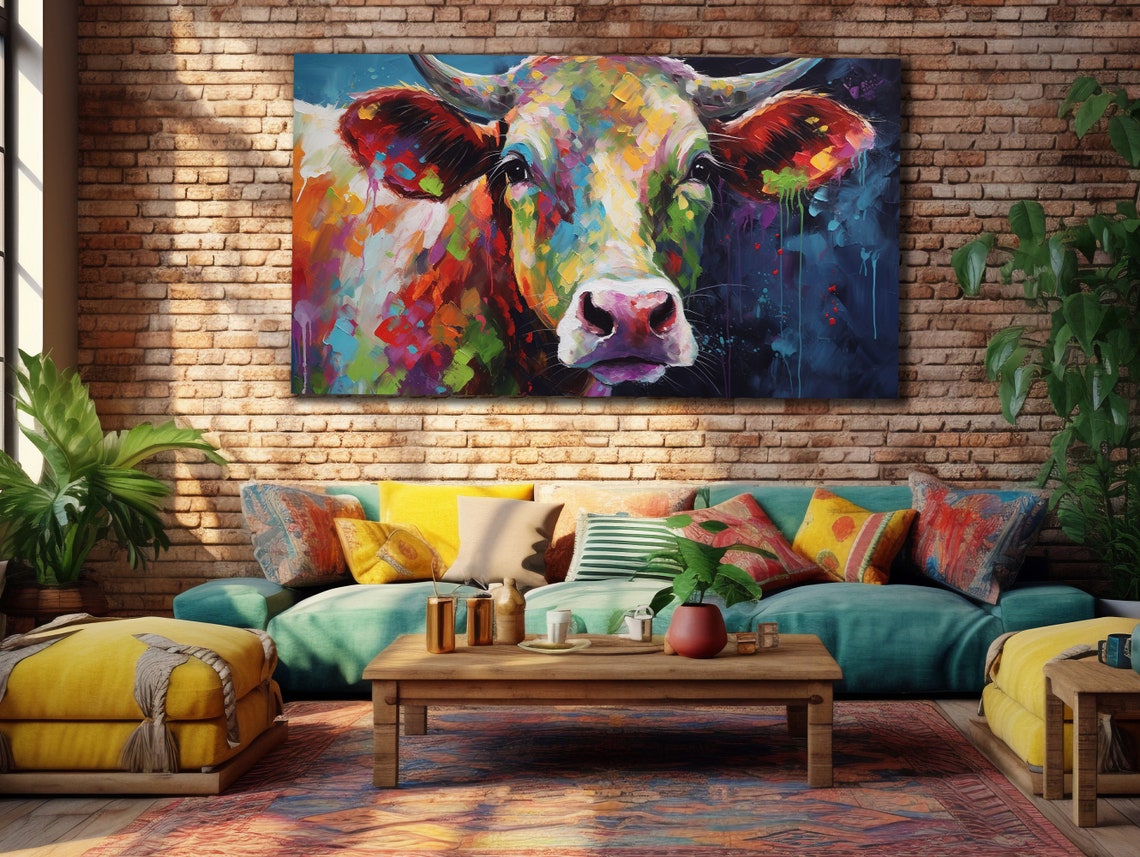 Colorful Cow Printing Cow Wall Decor Abstract Animal Wall Art Painting On Colorful Animal Art Farmhouse For Gifts - Image 3