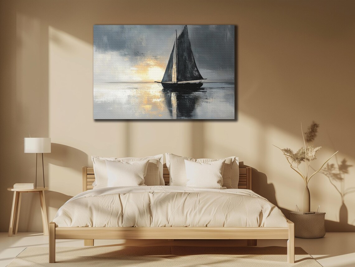 Moody Sailboat Silhouette Under Stormy Gray Sky With Sunbeam Art Print - Image 3
