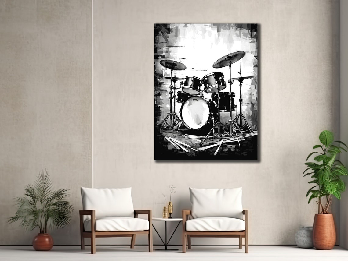 Drum Kit Black White Monochrome Grunge Rock Music Studio Poster