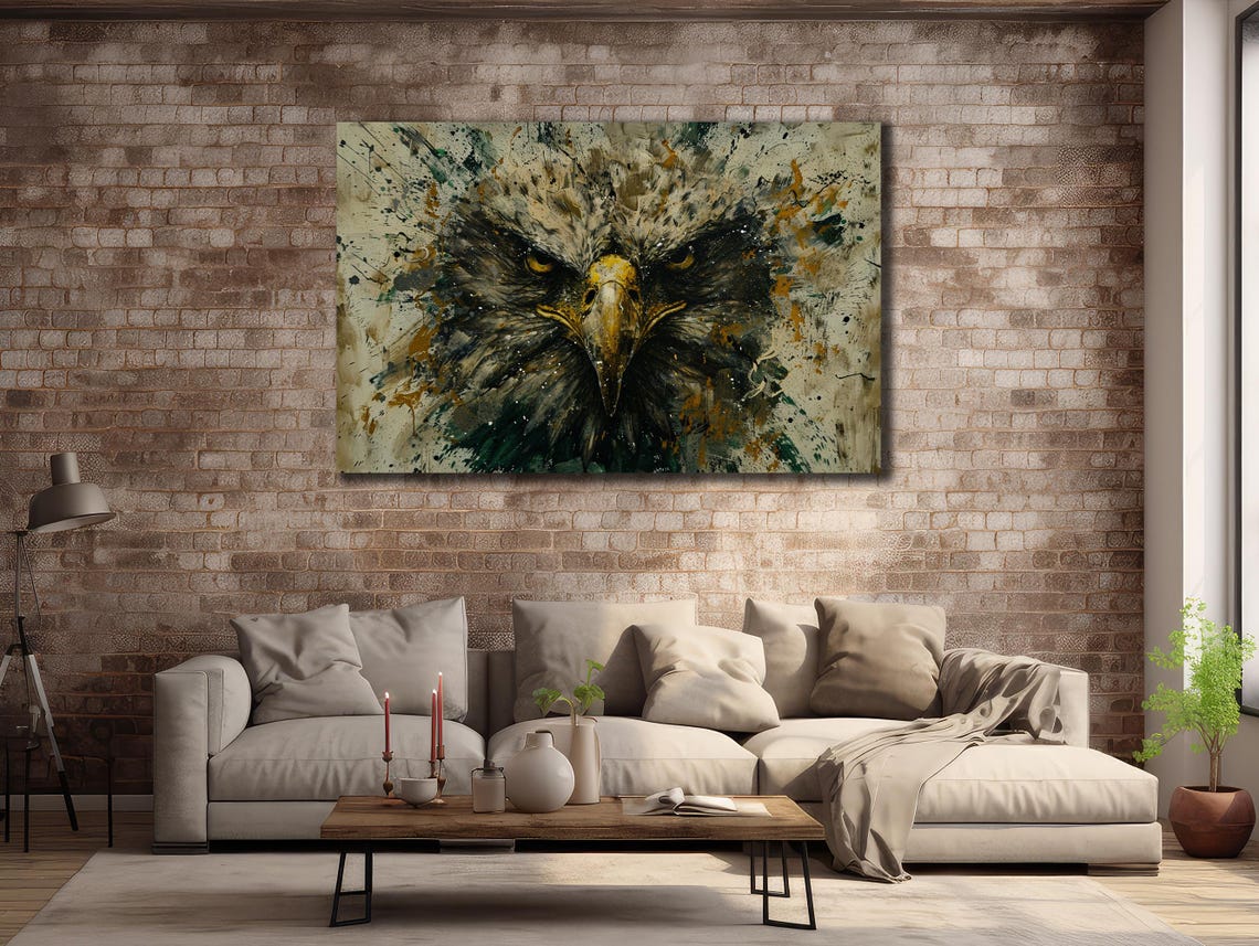 Fierce Eagle Face Ink Splash Portrait Wildlife Green Abstract Poster