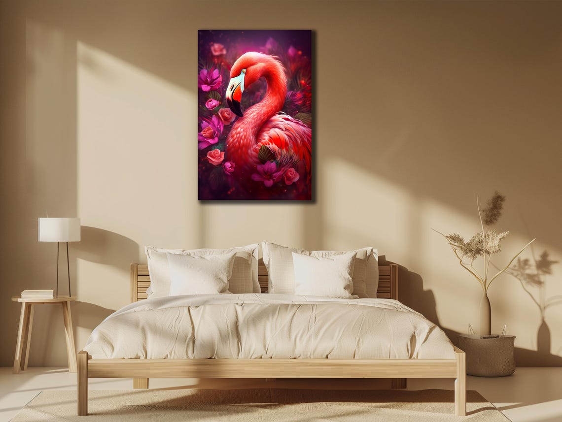 Pink Flamingo Blooming Flowers Dark Tropical Bird Wall Art Print