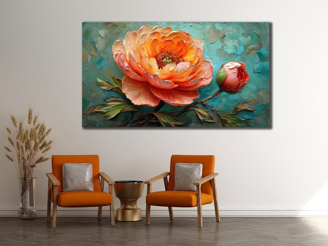 Orange Peony Blossom Impasto Oil Painting Floral Wall Art Poster - Image 3