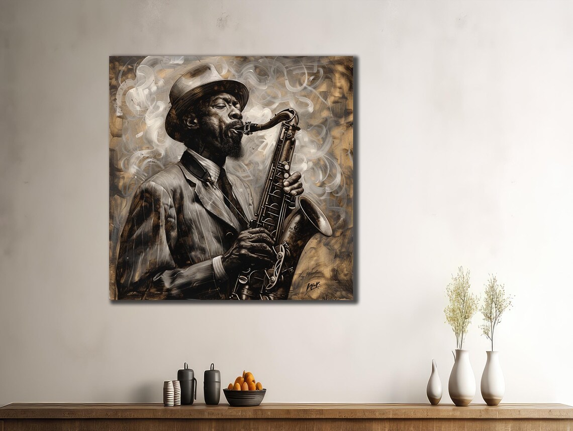 Saxophone Player Monochrome Jazz Musician Hat Smoky Painting Poster - Image 3