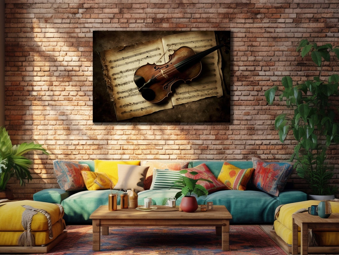 Vintage Violin on Old Sheet Music Classical Instrument Wall Poster - Image 2