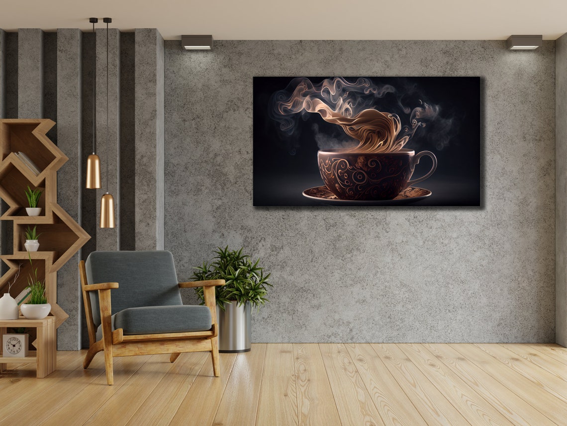 Steaming Coffee Cup Ornate Dark Background Elegant Art Wall Print - Image 3