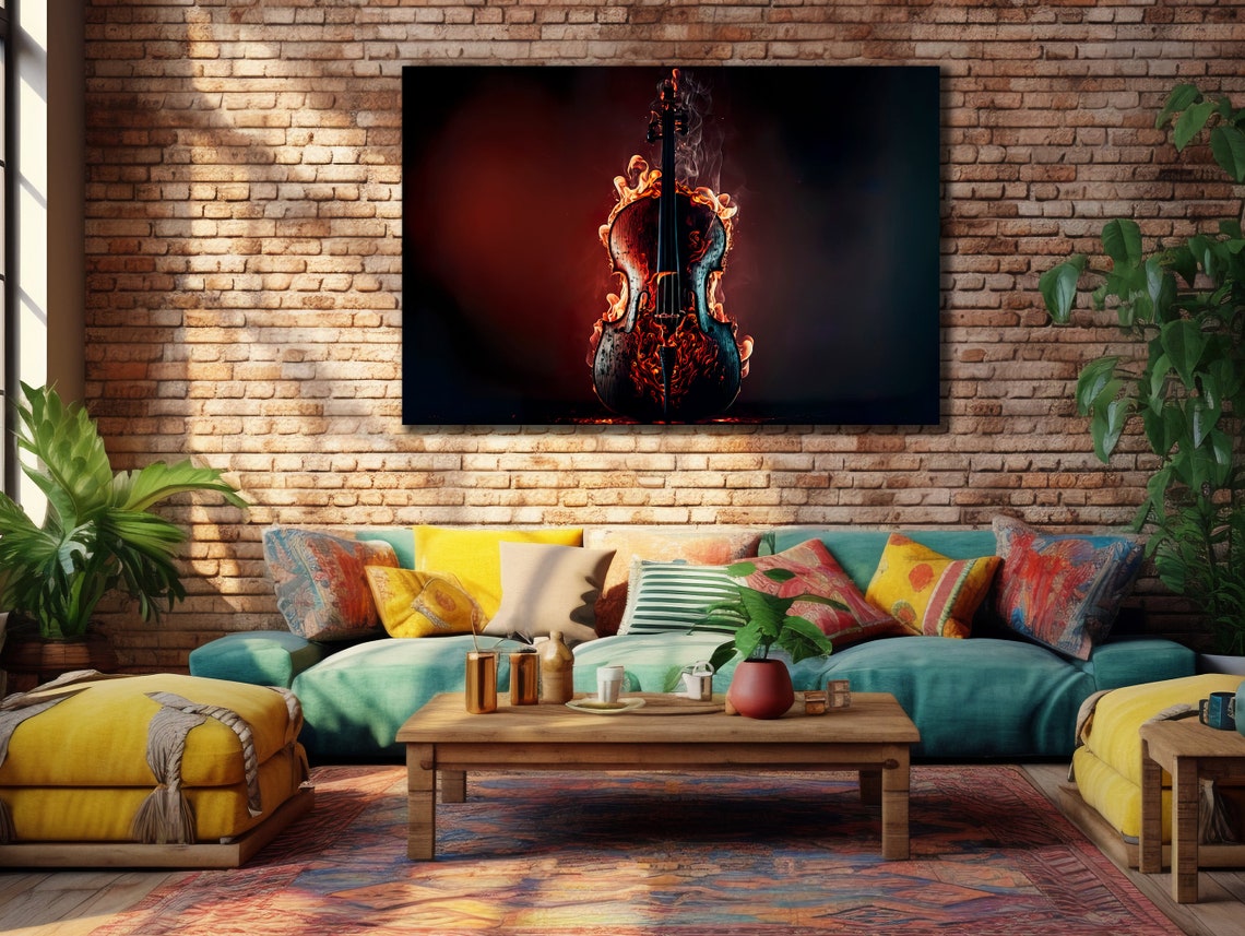 Burning Violin Engulfed In Flames Dark Dramatic Music Art Poster