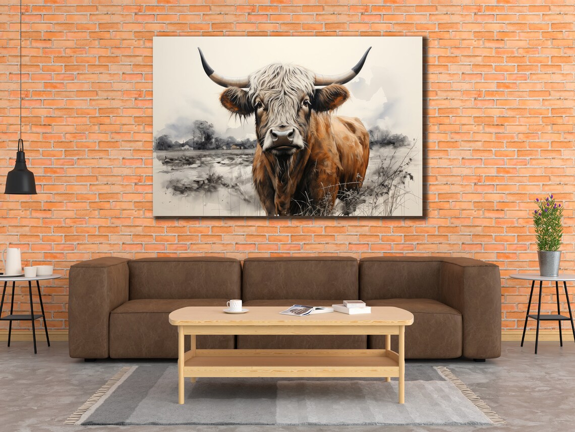 Highland Cow Portrait Misty Meadow Watercolor Farmhouse Wall Art Print - Image 3
