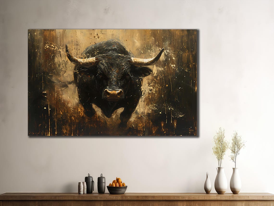 Fierce Black Bull Charging Gold Dust Dramatic Dark Animal Poster - Image 2