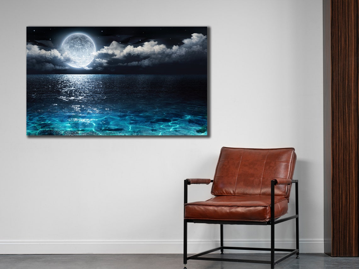 Full Moon Over Night Ocean Moonlit Sea Clouds Nature Wall Art Poster - Image 3