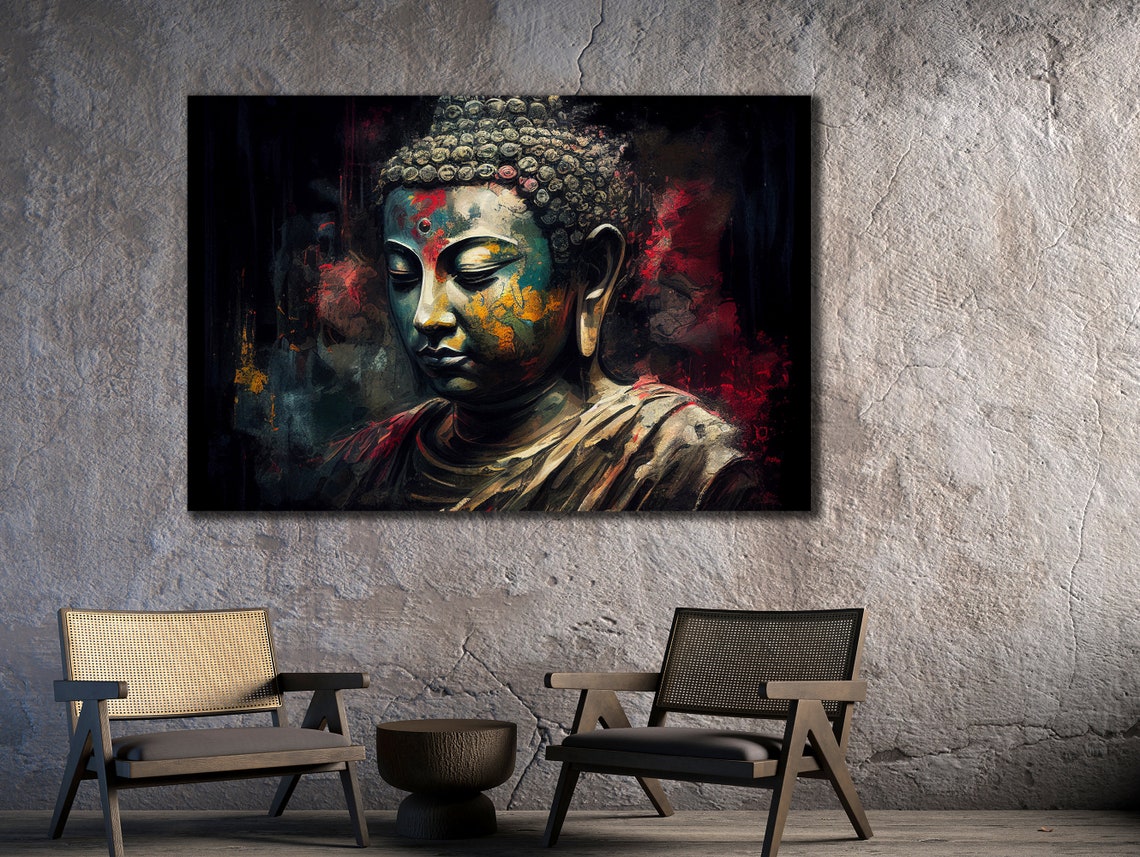Buddha Statue Weathered Stone Colorful Paint Meditative Art Poster - Image 3