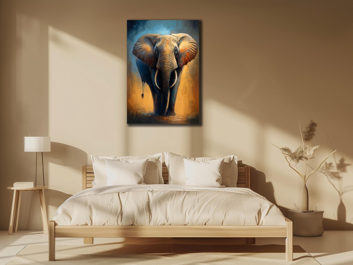 Elephant Facing Forward Orange Blue Abstract Painting Art Poster - Image 3