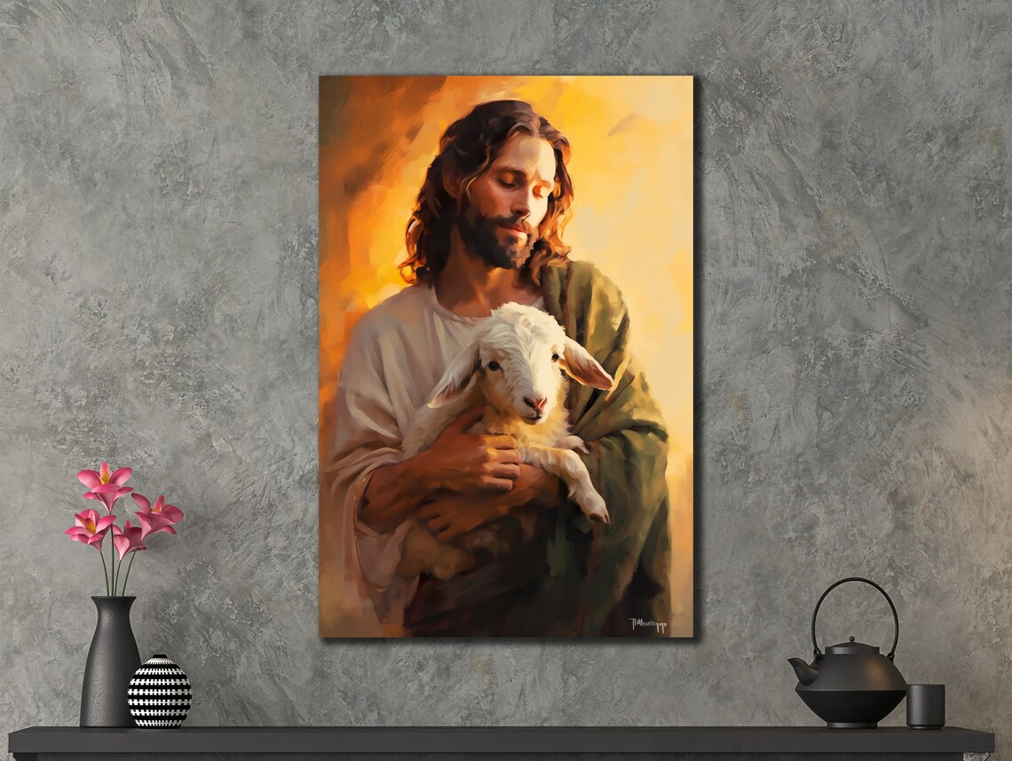 Jesus Shepherd with Lamb Golden Glow Painterly Christian Wall Art Poster - Image 2