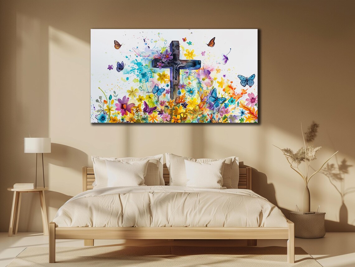 Crucifix Cross Watercolor Flowers Butterflies Easter Faith Art Poster