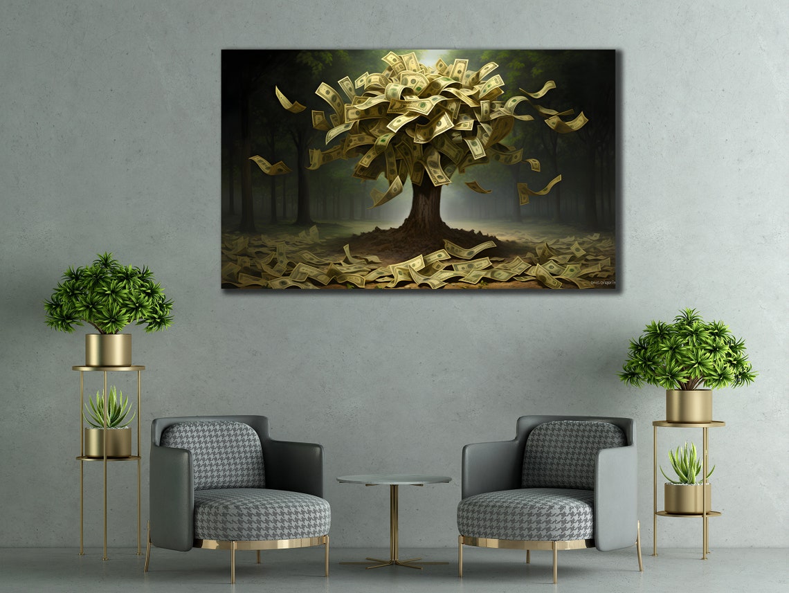 Money Tree Dollar Bills Dark Forest Prosperity Wealth Wall Art - Image 2