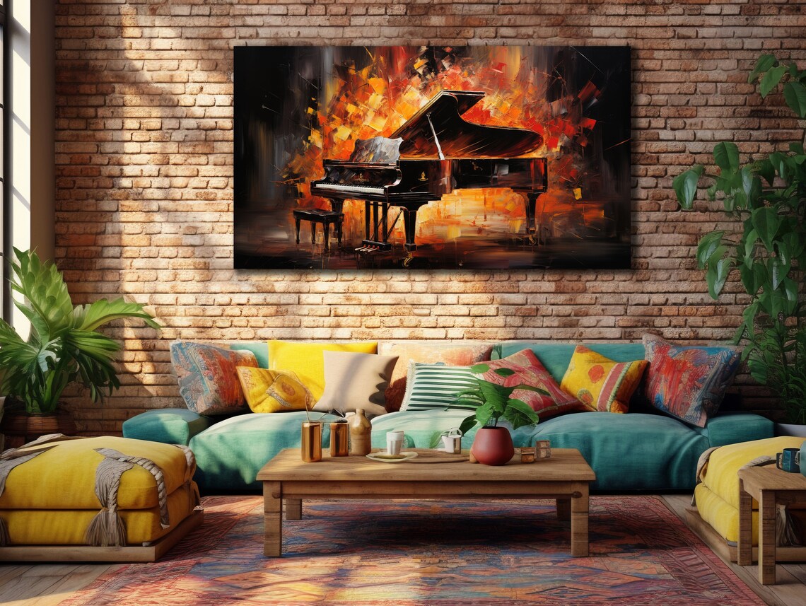 Black Grand Piano Fiery Ember Abstract Oil Painting Music Art Print - Image 3