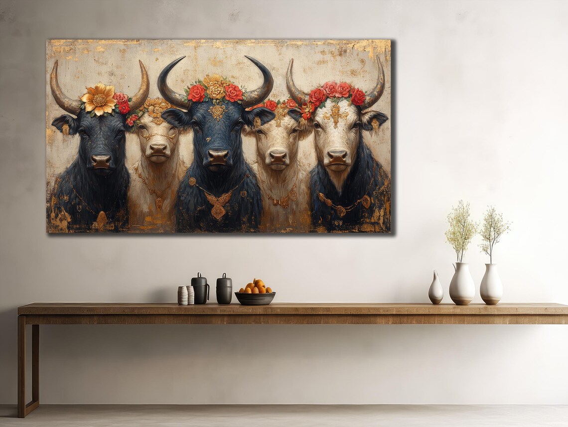 Five Cows Flower Crown Rustic Gold Farm Animal Herd Wall Art Poster - Image 2