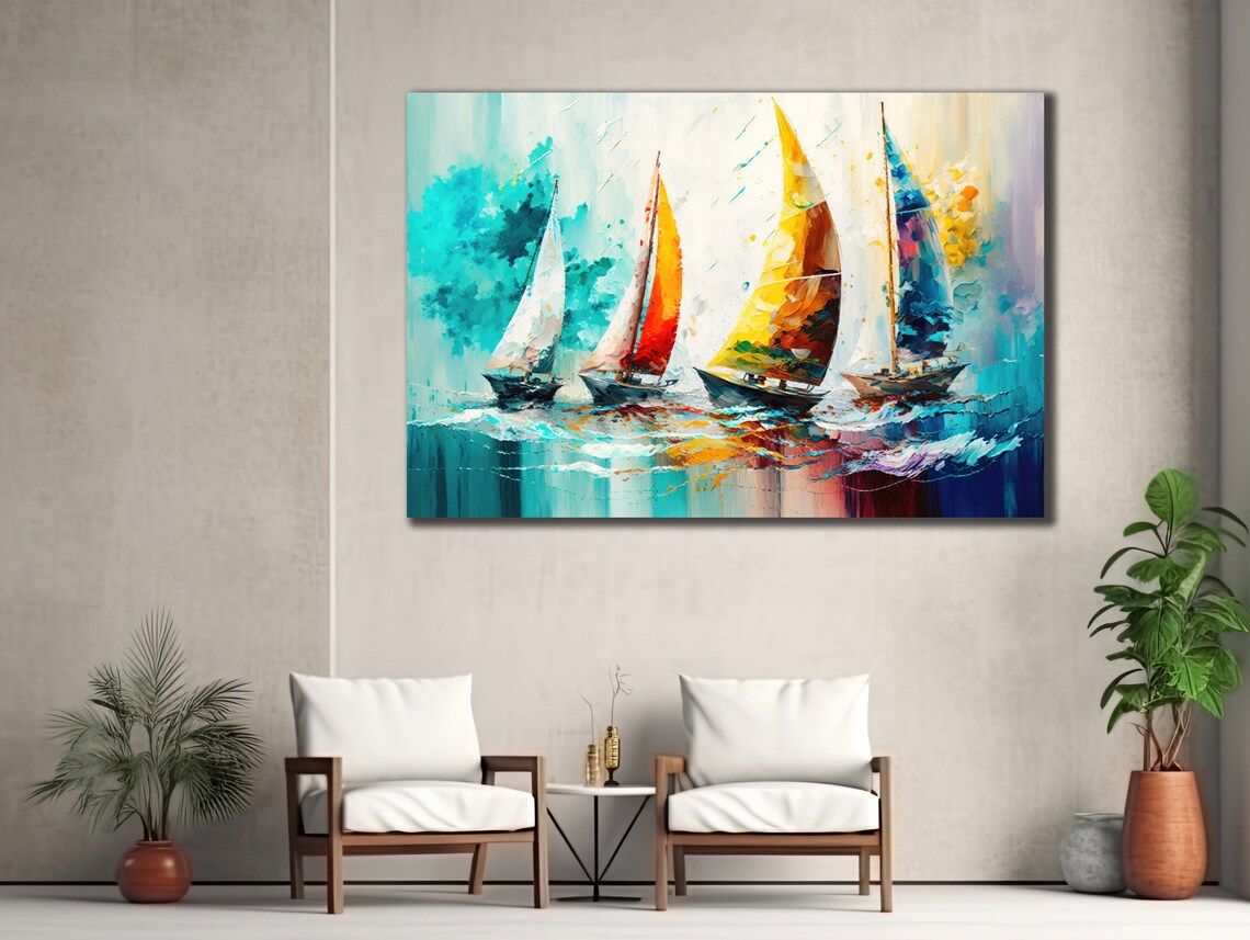 Colorful Sailboats Teal Ocean Abstract Painting Nautical Wall Poster - Image 3
