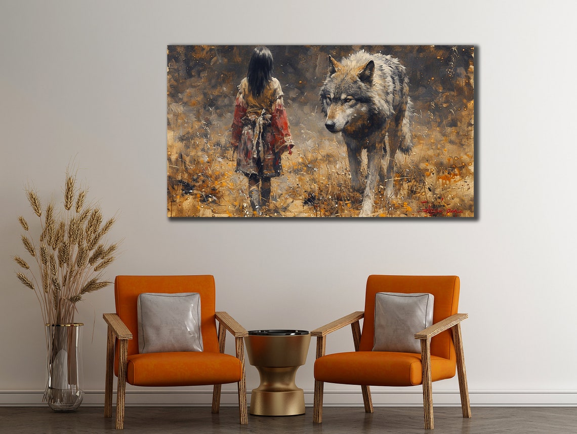 Girl Walking With Wolf Autumn Field Rustic Wildlife Wall Art Poster - Image 2