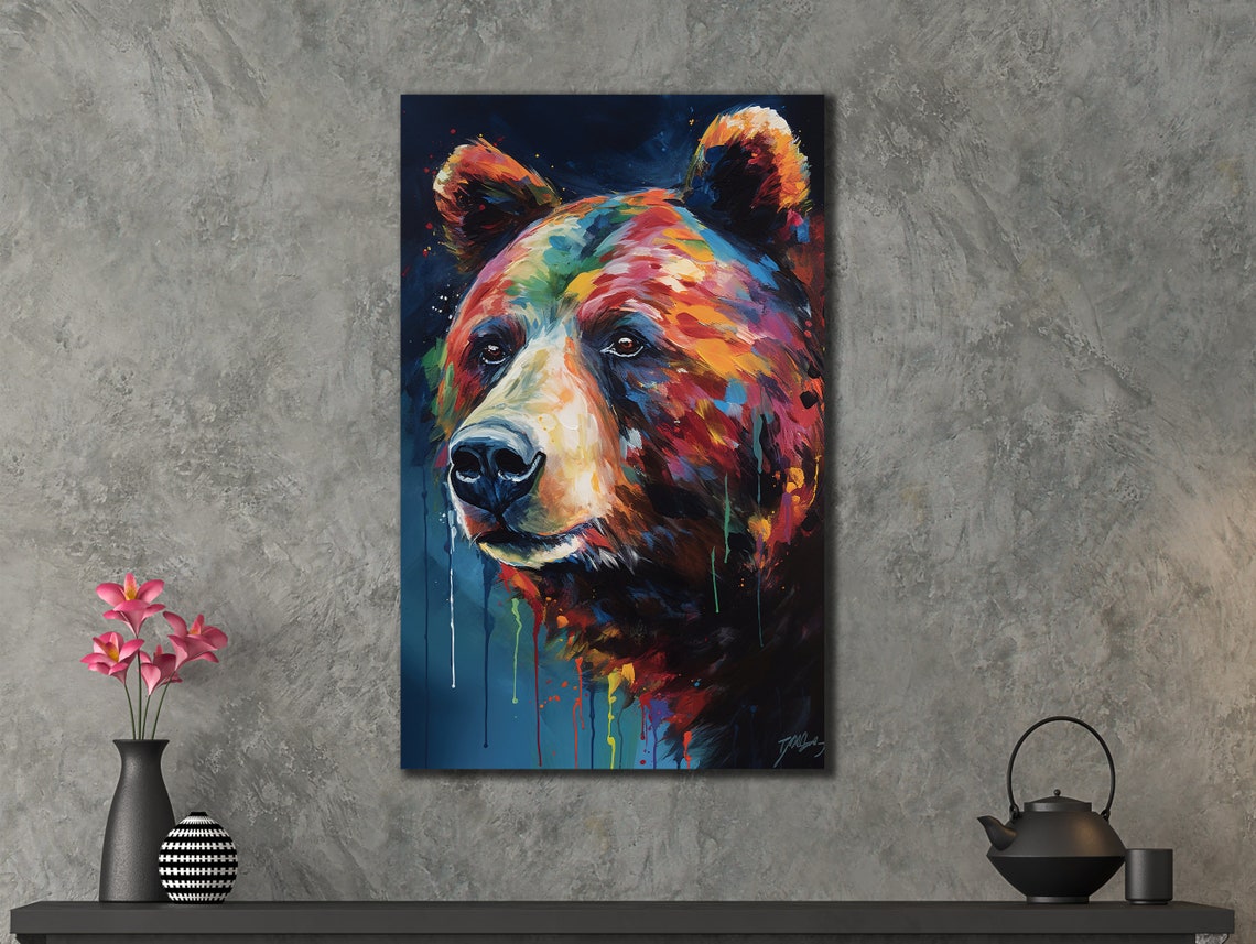 Bear Head Rainbow Brushstrokes Dark Blue Wildlife Wall Art Print - Image 3