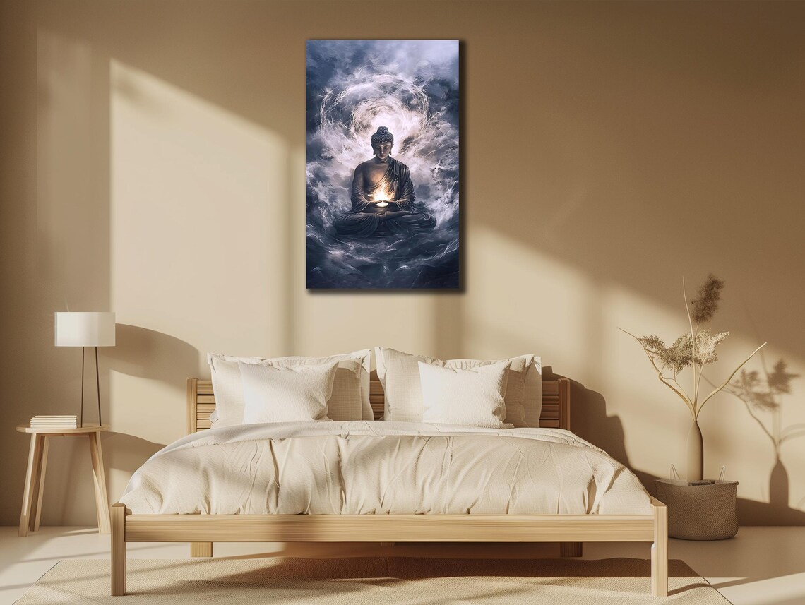 Buddha Meditating Storm Clouds Glowing Light Zen Spiritual Wall Art Poster - Image 3
