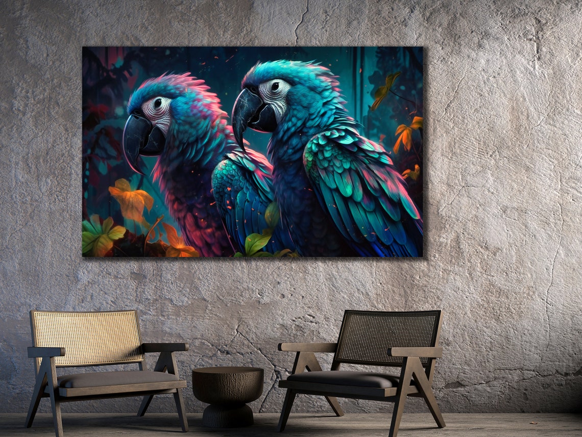 Blue Macaw Parrots Pair Dark Jungle Neon Tropical Bird Art Poster - Image 2