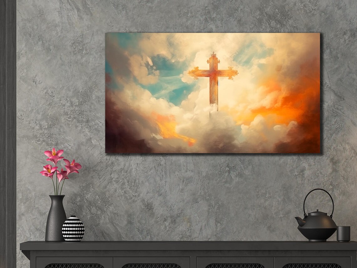 Cross in Dramatic Clouds Sunset Sky Christian Faith Art Poster - Image 3