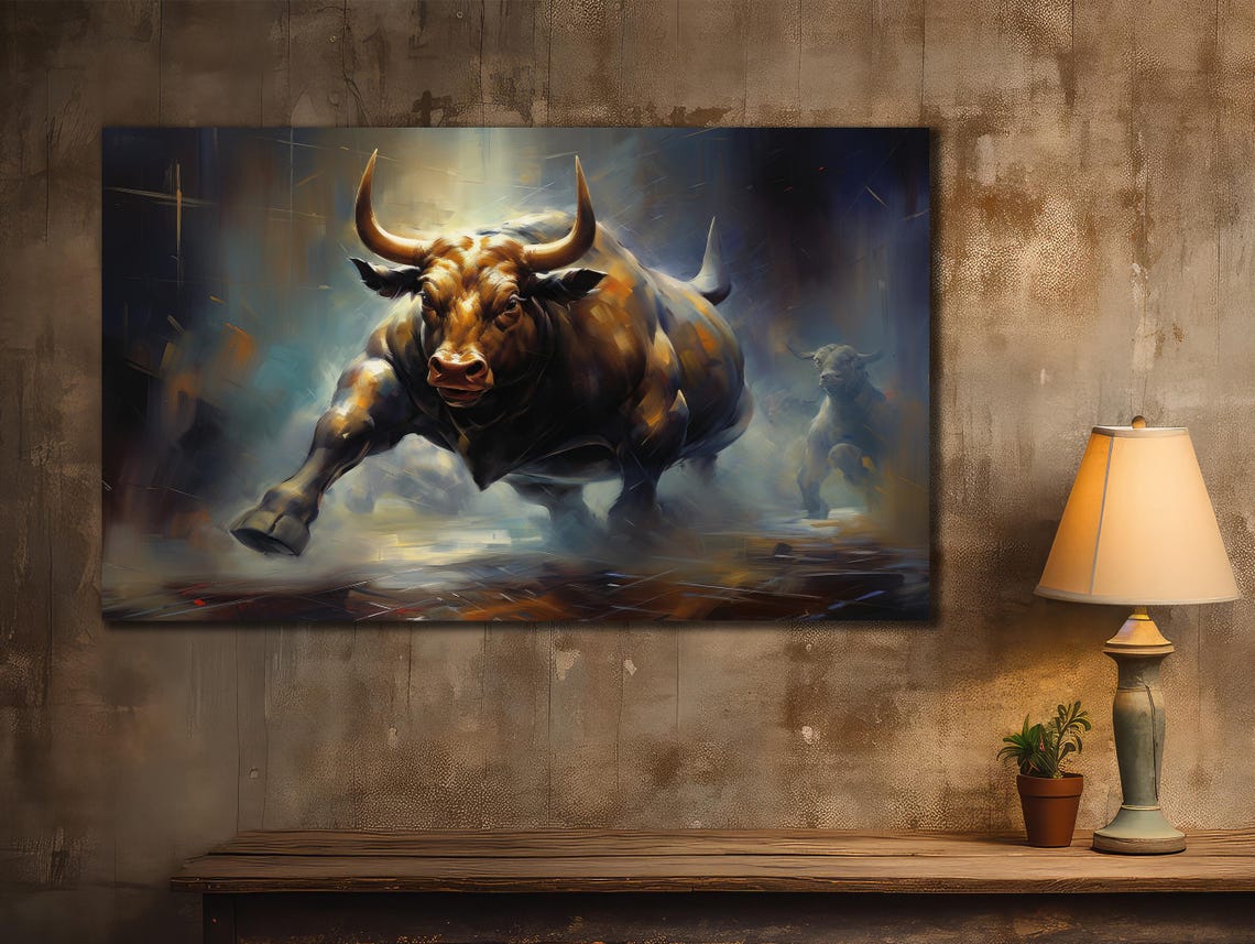 Brown Bull Running Through Misty Blue Night Dramatic Art Poster