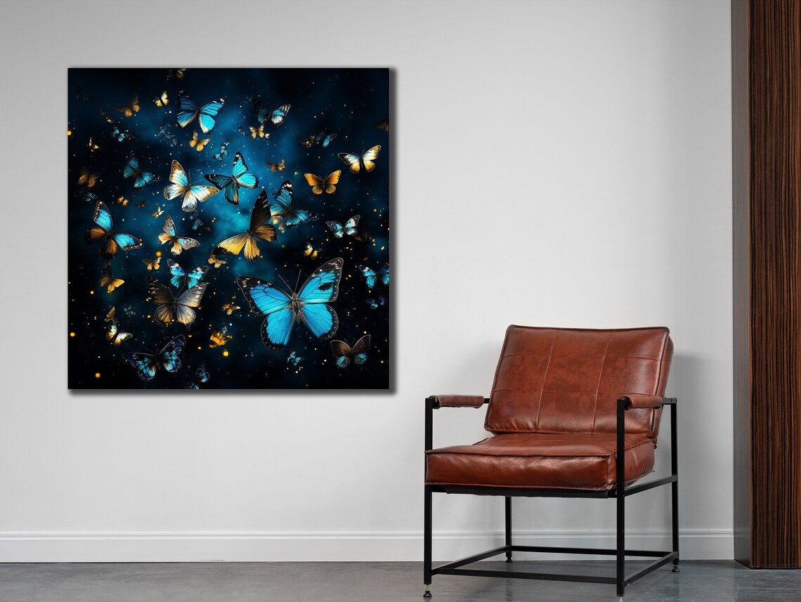 Blue Gold Butterflies Dark Night Glowing Fantasy Insect Wall Art Print - Image 2