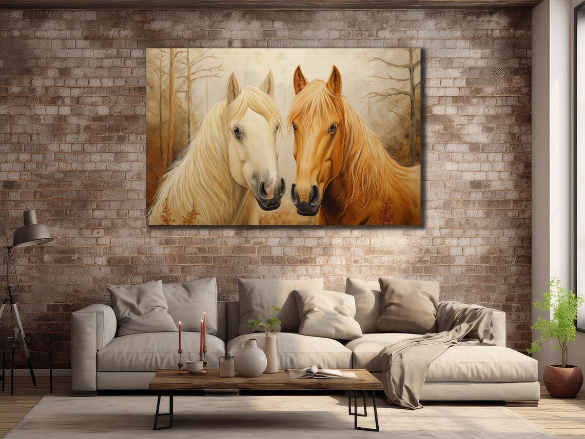 White and Chestnut Horse Couple Portrait Tender Equine Artwork Print - Image 2