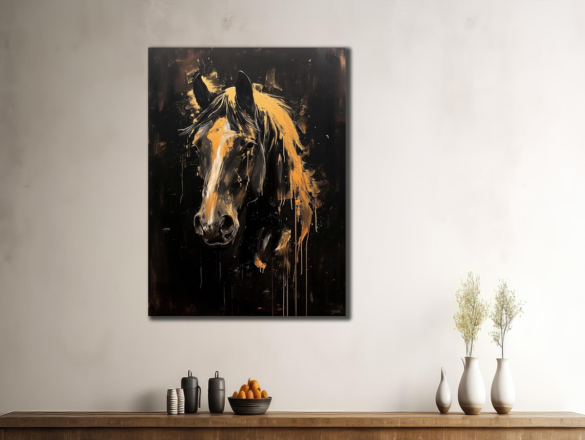 Black Horse Head Portrait Golden Mane Dark Dramatic Equine Poster - Image 3