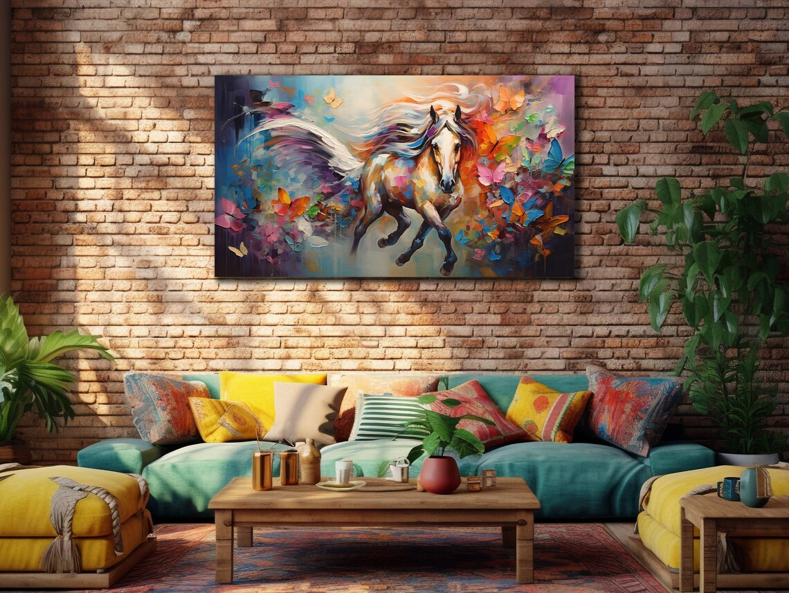 Galloping Horse Surrounded by Colorful Butterflies Art Wall Poster - Image 3