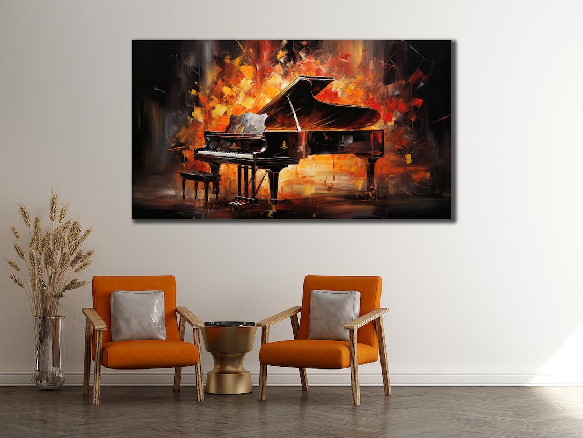 Black Grand Piano Fiery Ember Abstract Oil Painting Music Art Print