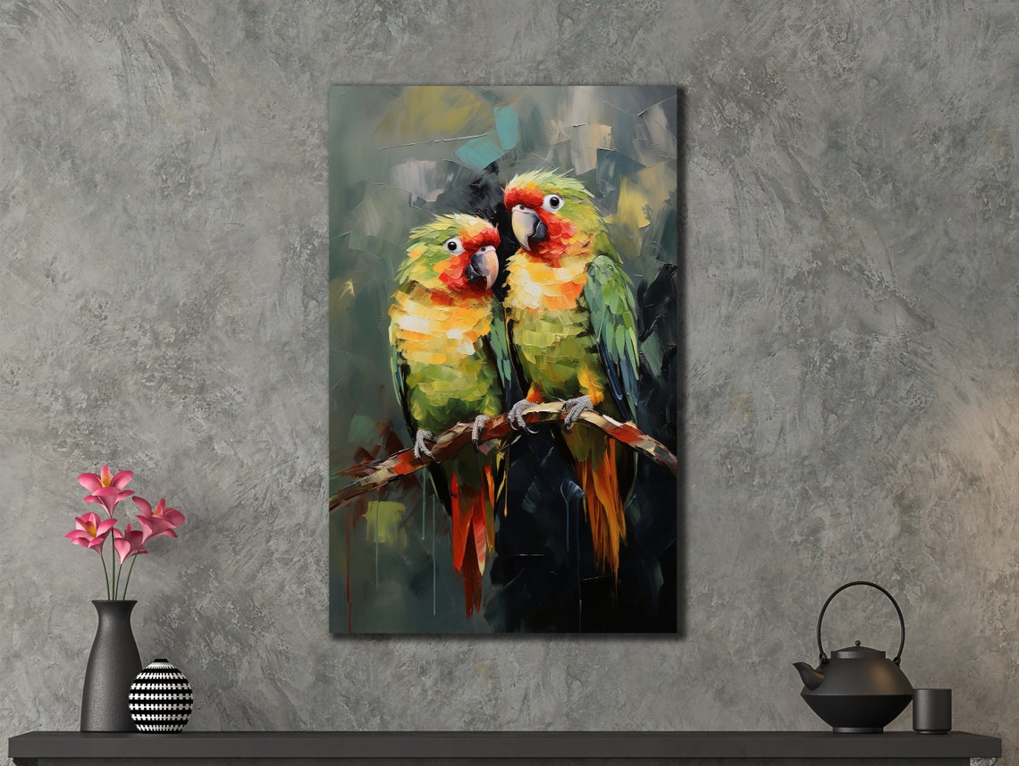 Two Colorful Parrots Branch Vivid Tropical Bird Wall Art Print - Image 2